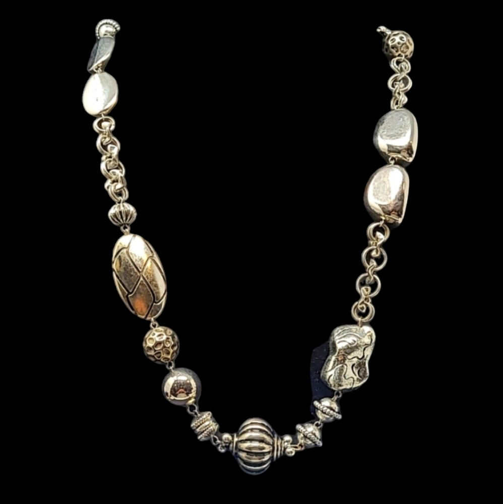 38 3/4" CHUNKY SILVER TONE FAUX METAL BEADS & METAL DBL LINK CHAIN STMT NECKLACE